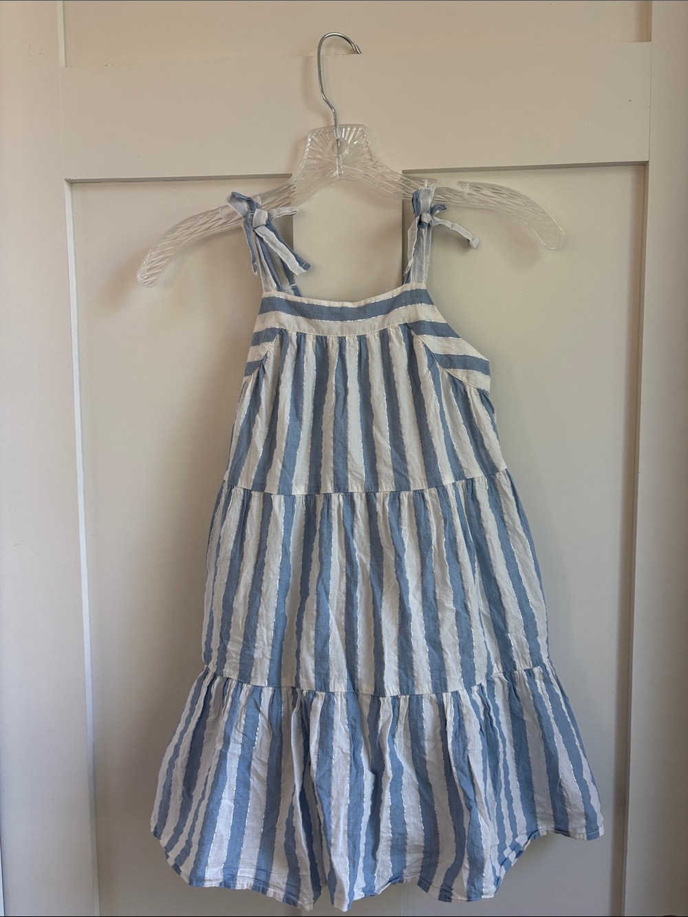 J. Crew Blue and White Striped Tie-Shoulder Tiered Sundress